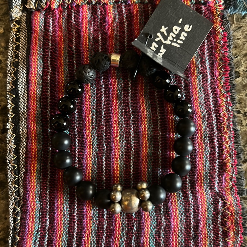 Hand-made semi-precious gemstone bracelet. Matte onyx, black tourmaline & lava.